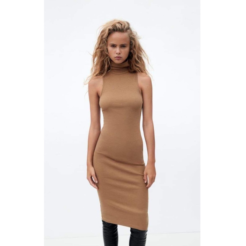 COPY - BRAND NEW Zara High Collar Midi Dress Brown Size S